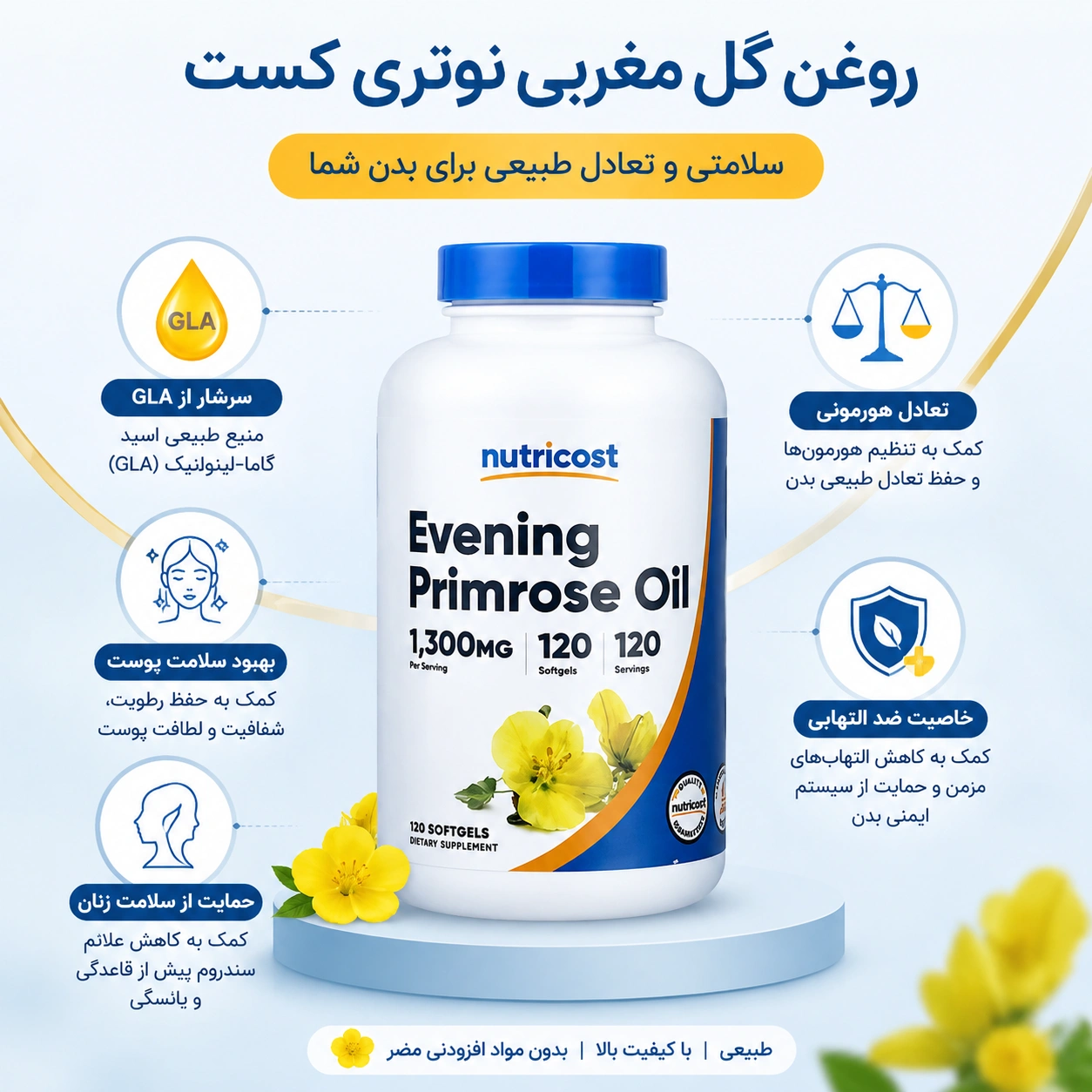 روغن گل مغربی نوتری کاست Nutricost Evening Primrose Oil 14 روغن گل مغربی نوتری کاست Nutricost Evening Primrose Oil